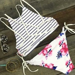 Reversible Floral Striped Print Halter Bikini Set